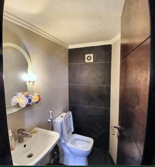 Bathroom with a vanity basin, arched mirror and dark feature wall, furnished apartment for sale in Hay El Amerkan, Hadath — Ref. 1197